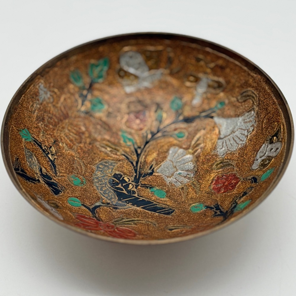 Vintage Indian Brass Enamel Cloisonne Pedestal Bowl Bird Butterfly Floral 4in